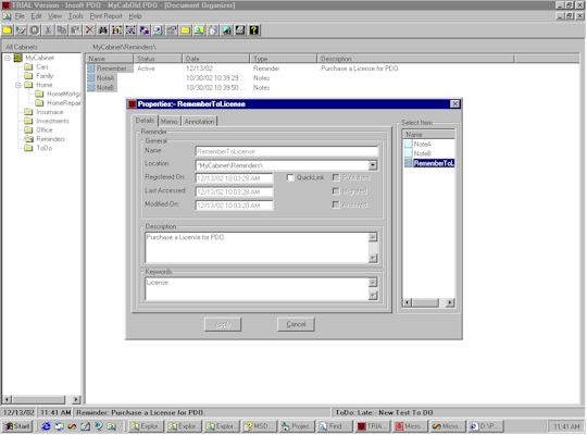 Personal Document Organizer - Properties of a reminder.